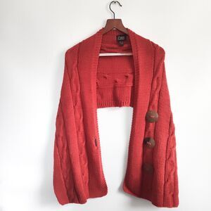 Pure HandKnit Shrug Scarf Wrap 3 Big Coconut Buttons Rusted Red Cotton 70"x16"